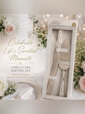 2-Piece Cake Serving Set – Silver Tone Cake Knife & Server